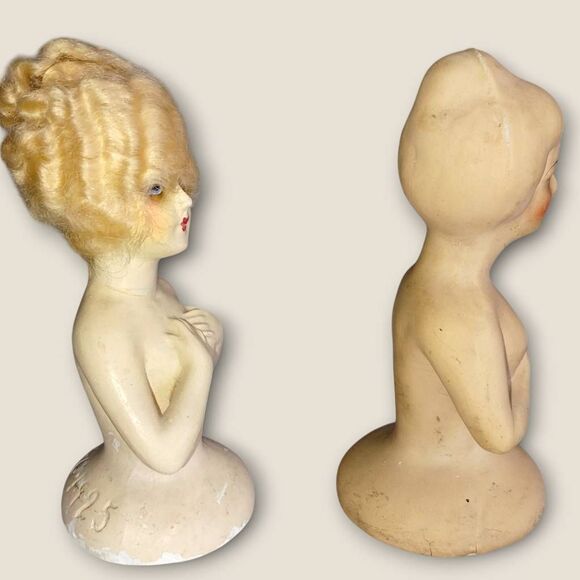 Vtg K.G. 1925 Chalkware Half Dolls-Flapper Art Deco Style Painted Wigged Germany - Picture 2 of 10